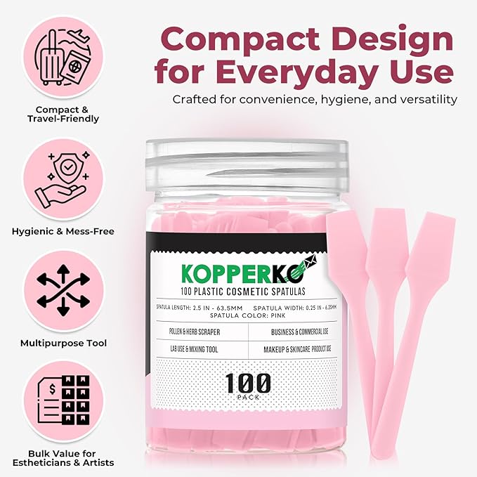 Kopperko Cosmetic Spatulas (2.5”, 100 Pack) - Small Plastic Spatula for Cosmetics, Creams & Crafts | Essential Esthetician Supplies | Makeup Spatula or Multipurpose Mini Applicator for Skincare | Pink