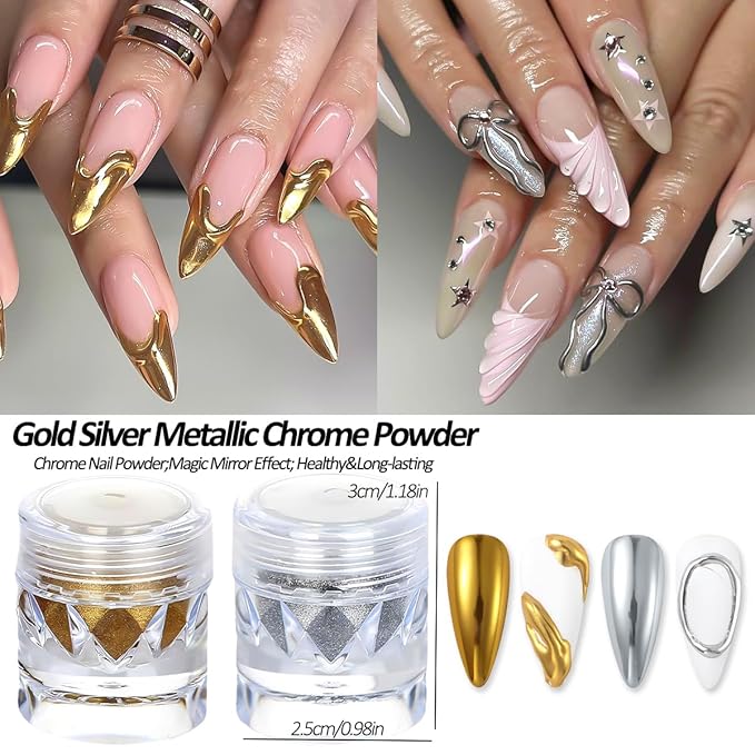 SUTOZMIWE Chrome Nail Powder Metallic Gold And Silver, Magic Mirror Effect Pigment Glitter Rubbing Dust, 3D Carving Nail Molding Gel & Holographic Dip Nail Powder Kit for Nail Decor Home Manicure DIY