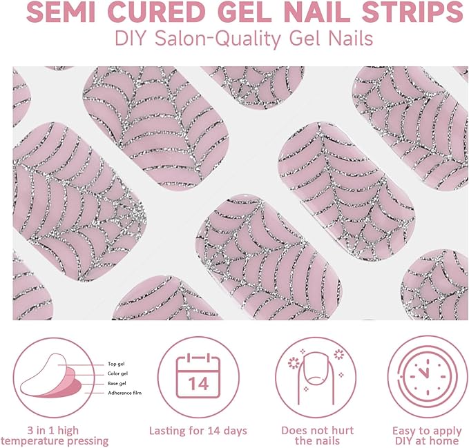 DUKASOU Semi Cured Gel Nail Strips, 28Pcs Halloween Nail Art Stickers/Wraps, Long Lasting UV Nail Polish Strips for Adults(Silver Spider Web)