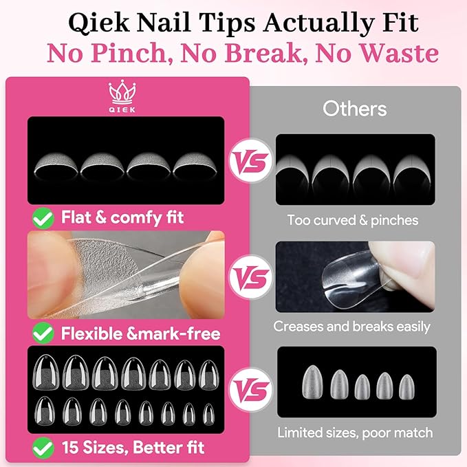 Qiek Extra Short Almond Fake Nail Tips, 15 Sizes 240 PCS Clear Half Matte Press On False Nail Tips Pre-shaped Full Cover Gel Nail Acrylic Soft Tip Extensions Thick Long Lasting for Home DIY Nail Salon