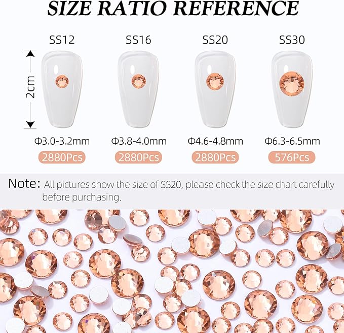 Meibite Champagne Flatback Rhinestones, Glass Rhinestones for Nail Art and Craft, Glue Fix, Loose Crystal Gemstones(Champagne, SS12, 2880pcs, 2.9-3.0mm)