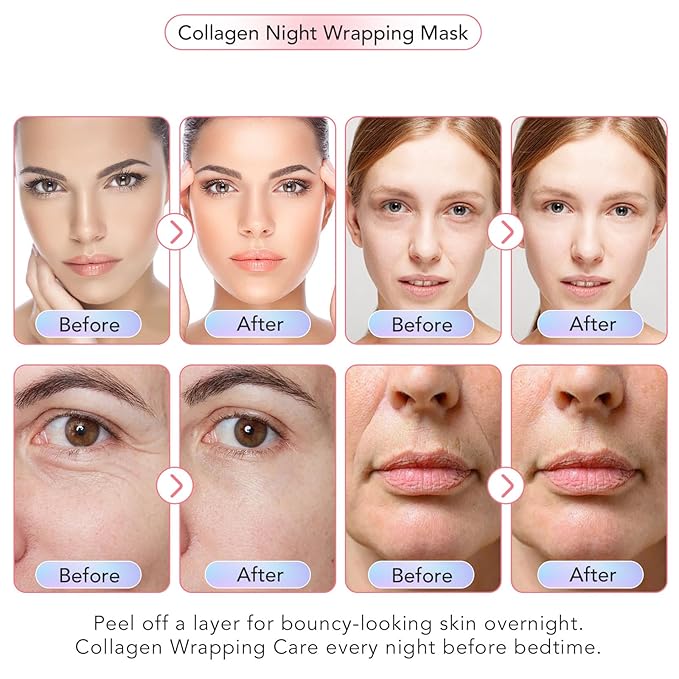 2 Pack Collagen Night Wrapping Mask with Brush 2.53 fl.oz, Collagen Overnight Peel Off Facial Mask, Hydrolyzed Collagen Face Mask, Reduces Sagging & Dullness - Hydrolyzed Face for Glowing Glass Skin
