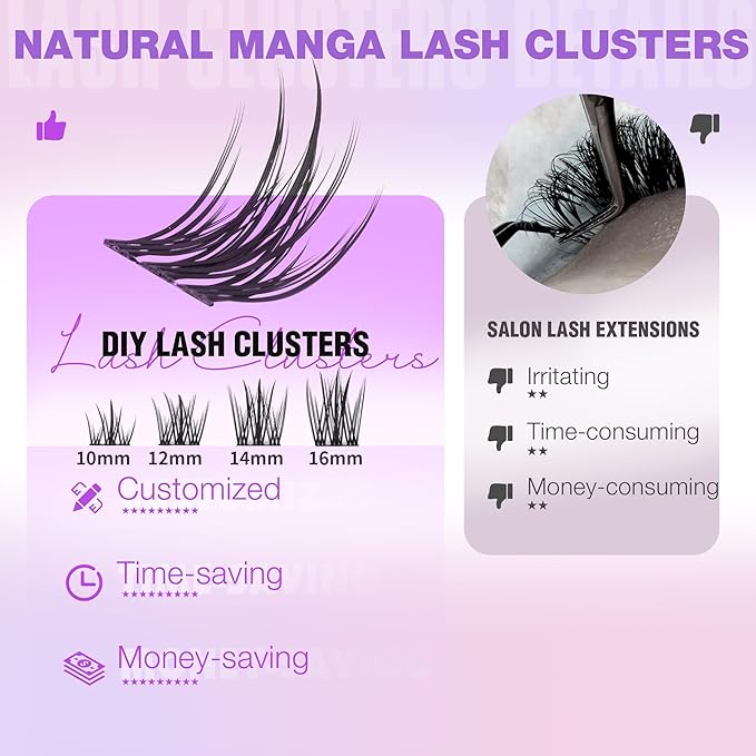 EYDEVRO Manga Lash Clusters Kit Natural Wispy Eyelash Clusters Anime Lashes Cluster 10-16mm Cluster Eyelash Extensions DIY Lash Extension Kit Individual Lashes Lash Bond and Seal Lash Tweezers Brushes