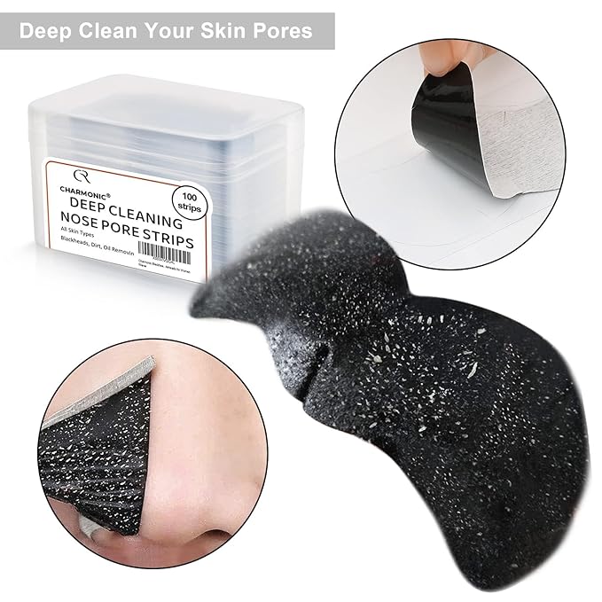 Charmonic Blackhead Remover Pore Strips, 100 Pcs Black Head Remover for Face, Charcoal Nose Strips for Blackheads, Instant Pore Cleaner for Nose Area Face Oil Blackheads Whiteheads for Women