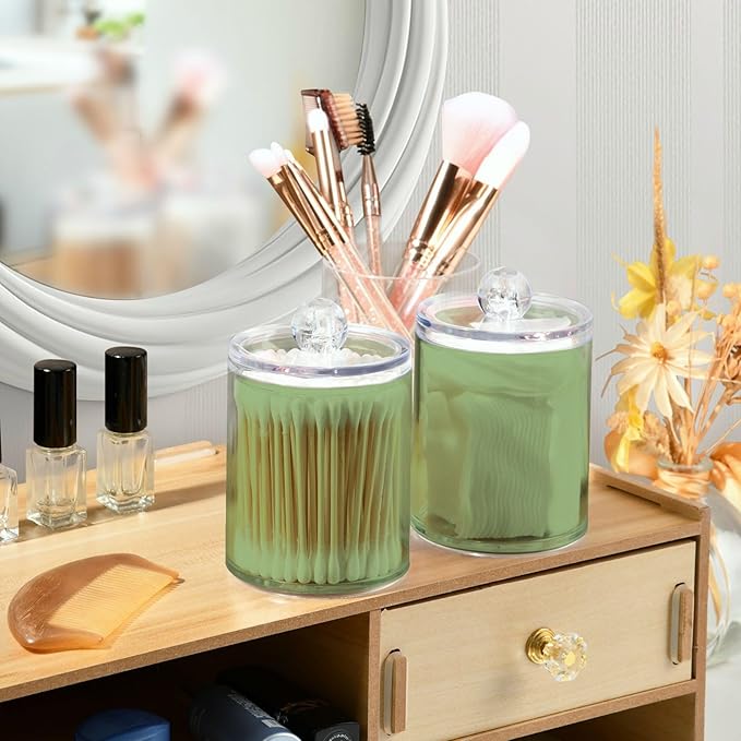 Xigua Light Green 2 Pack Qtip Holder Dispenser With Lid, Apothecary Jars Plastic Swabs Cans Clear Bathroom Storage Canister for Cotton Ball, Swab, Round Pads, Floss26