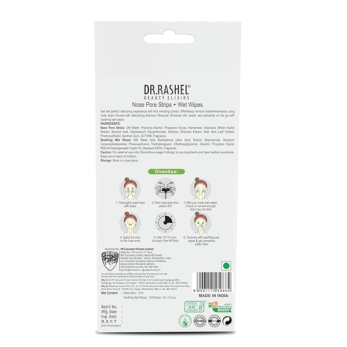 DR.RASHEL Charcoal Nose Pore Strips For Pore Cleansing, Instant And Painless Blackheads Removal | Deep Purifying Blackhead Remover Strips for Nose | 20 PCS (10 Strips & 10 Wipes)