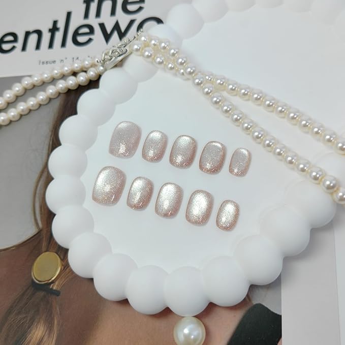 Cat Eye Press on Nails Handmade Short Oval/Square/Round False Nails with French Tip/Aurora/Magnetic Shimmer Designs (Glitter#It Girl S)