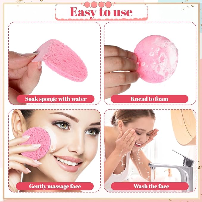 300 Count Compressed Facial Sponges Disposable Face Sponge Travel Facial Sponges for Estheticians, Cosmetic Sponge Face Exfoliating Pads Pink for SPA Cleansing Exfoliating Makeup Removal