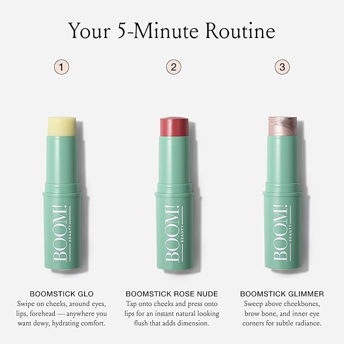 Boomstick Trio ® Rose Nude 3 Pack Cream Blush Makeup - Rose Nude Blush Stick, Highlighter Stick & Moisturizer for Cheeks, Eyes & Lips - Boom Sticks by Cindy Joseph for Older Women