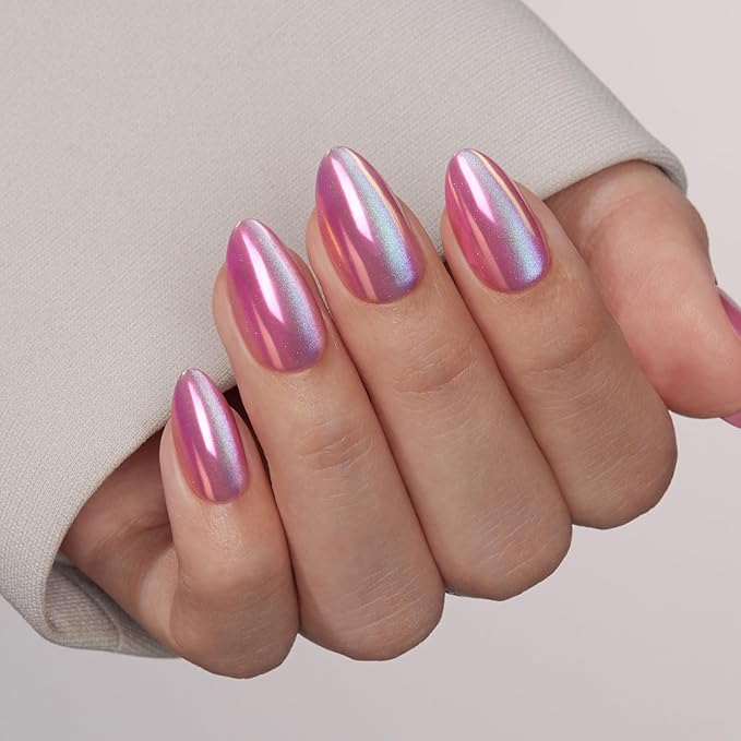 VSALON Press on Nails Short Almond - Pink Cat Eye Chrome Nails Kit for Women, Halloween Reusable Aurora Effect Opaque Gel Fake Nails with Glue & Cuticle Oil - 32 PCS Stick On Nails in 16 Sizes