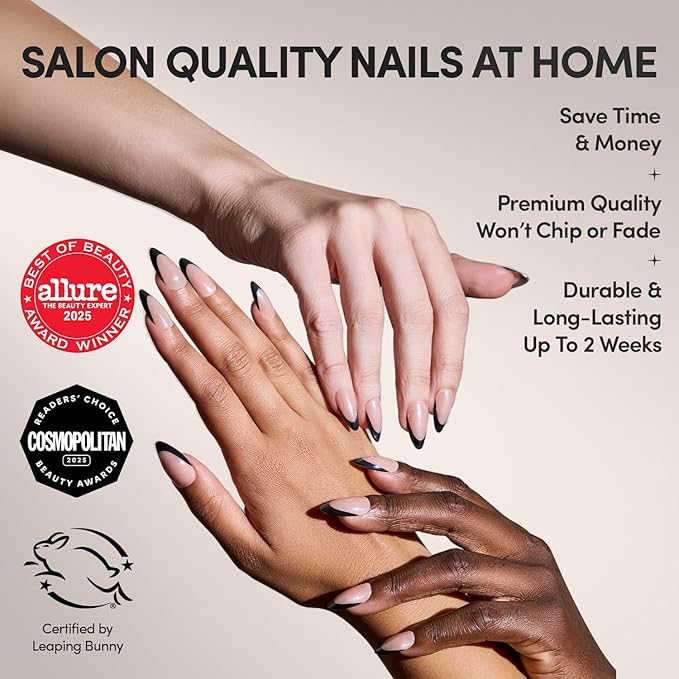 Glamnetic Press On Nails - Black Truffle | Medium Almond Black French Tip Fake Nails, Salon Quality French Manicure | 15 Sizes - 30 Nail Kit with Glue