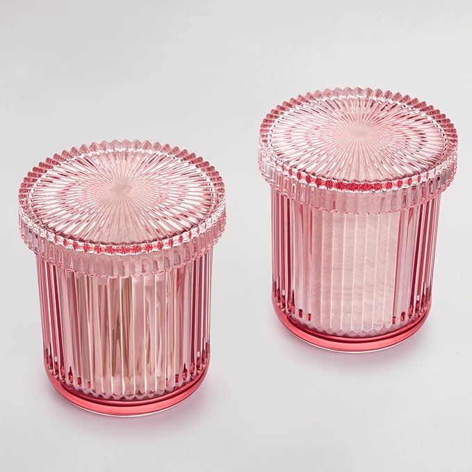 MKOSAB 2 Pack Qtip Holders for Bathroom, Clear Glass Apothecary Jars with Lids,Vintage Bathroom Canisters for Cotton Balls,Swabs,Floss Picks,Hair Ties,Vanity Organizer and Storage Decor (Pink)