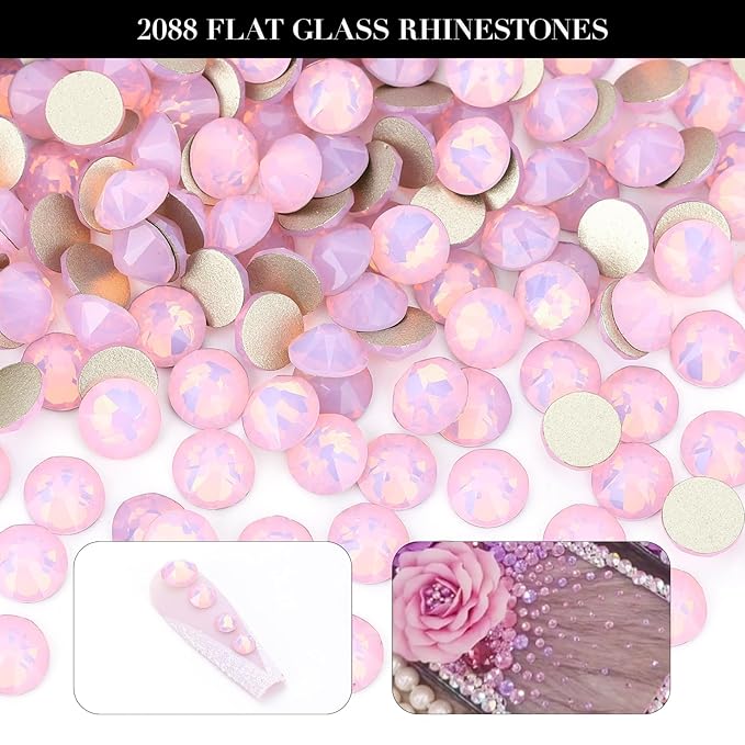 Novani Pink Opal Rhinestones 288pcs Flat Back Round Rhinestone Style 2088 Sparkly Crystal Gemstones for Nail Art and Crafting SS30,6.4-6.6mm