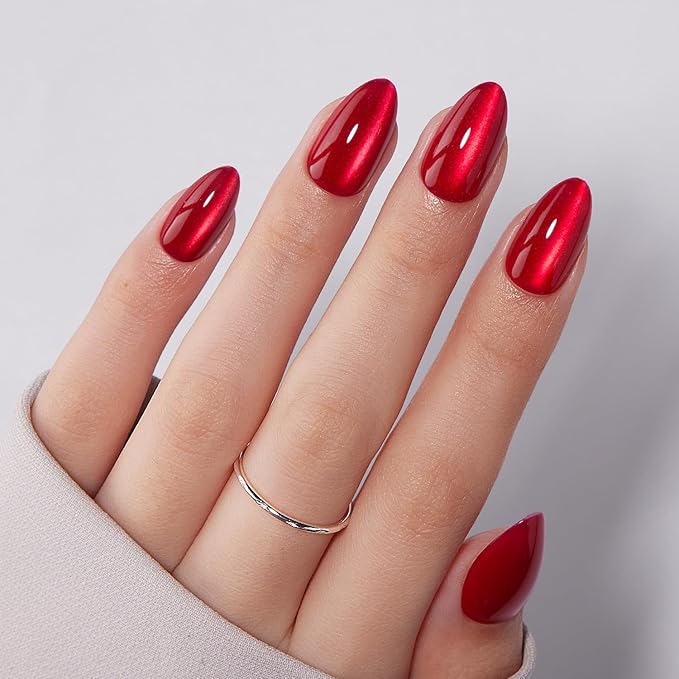 VSALON Press on Nails Short Almond - Red Cat Eye Chrome New Year Nails, Reusable Opaque Gel Fake Nails Kit with Glue & Cuticle Oil - 32 PCS Stick on Nails in 16 Sizes (Pulse red)