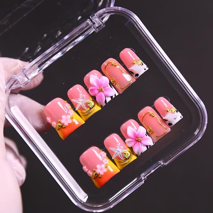 MAGLFELL Press On Nails, 10 Pcs Handmade French Duckbill Fake Nails, Reusable Artificial Cute Short False Nails for Women 3D Acrylic Nails Kit (Size L)