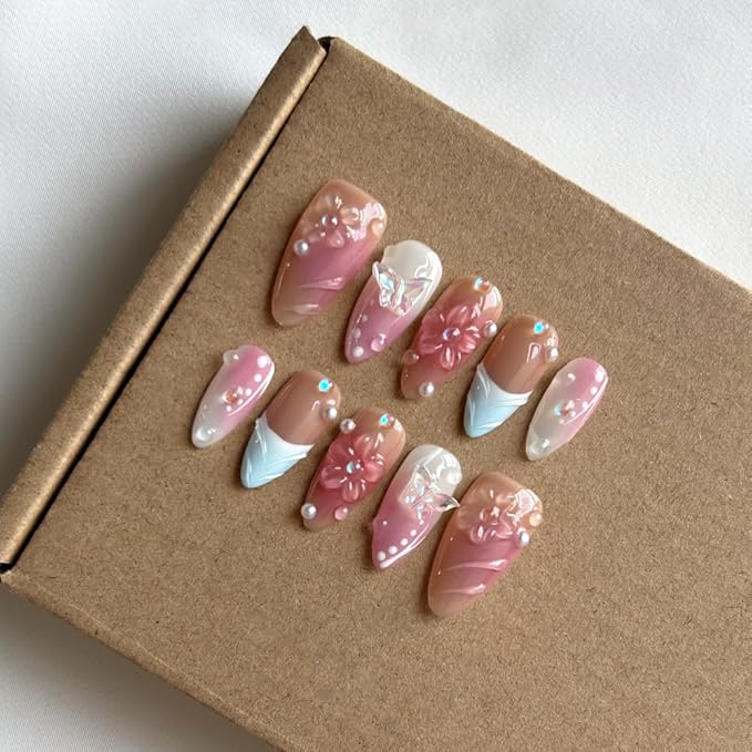 MAGLFELL Press On Nails Medium Almond Nails, Handmade 3D Design Fake Nails with Thick Acrylic Multi-Layer Gel Nails, Reusable Durable DIY Artificial Nails for Women (10 Pieces)
