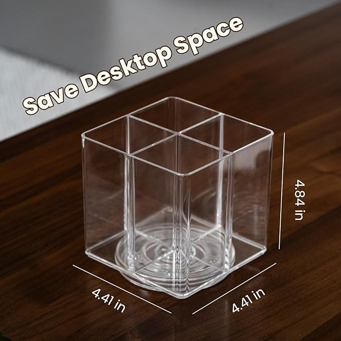 LiveGlow Clear Makeup Brush Holder,Acrylic Rotating 360°Makeup Brush Organizer,Pen holder with 4 Grids,Makeup Holder for Courtup,Containers for Desk,2pc