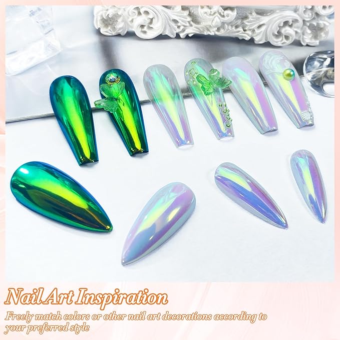 FNNZ Unicorn Chrome Nail Powder, Aurora Unichrome Mermaid Aurora Nail Powder Pigment Pearlescent Nail Art Glitter Decoration for Home DIY Nail Salon Manicure - Summer Firefly