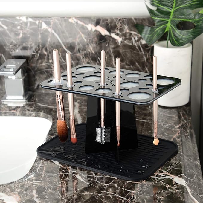 28 Hole Makeup Brush Drying Rack with Mat, Collapsible Makeup Brush Holder with Silicone Mat, Brush Dryer Stand, Make Up Organizer for Vanity Countertop