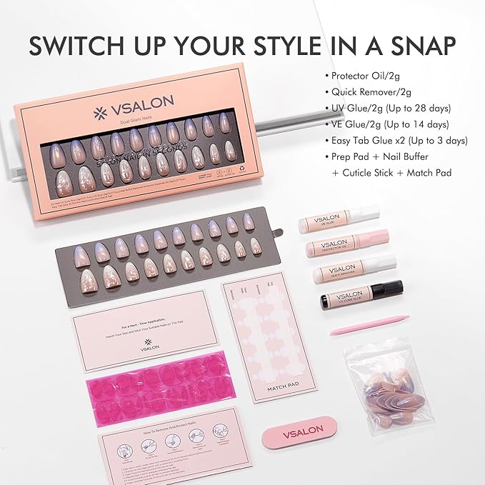 VSALON Press-On Nails Short Almond, 42 PCS Chrome Ombre 3D Star Fake Nails, 32 Main Nails in 16 Sizes & 10 Alternative Nails, Gel Reusable Glue On Nail Set with Full Tool Kit