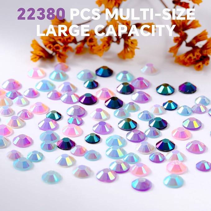 22380 pcs Resin AB Crystals Gemstones, 6 Colors Round Gems for Crafts Makeup Face Clothes Shoes Tumbler DIY Decoration 3/4/5mm (White Blue Purple Rhinestones)