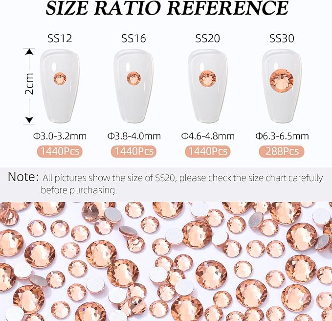 Meibite Champagne Flatback Rhinestones, Glass Rhinestones for Nail Art and Craft, Glue Fix, Loose Crystal Gemstones(Champagne, SS12, 1440pcs, 2.9-3.0mm)