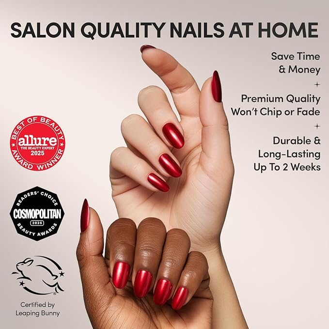Glamnetic Press On Nails - Cherry Glaze | Short Round Bright Cherry Red Nails with a Glaze Finish | 15 Sizes - 30 Nail Kit with Glue