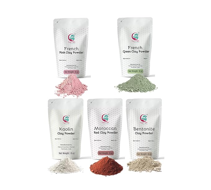 Pack of 5 Clays For Mask Making & Soap Making | Rose Clay, French Green Clay, Kaolin, Moroccan Red and Bentonite Clay | 8oz Each | Best Variety Pack For DIY Projects | By Yogi’s Gift ®