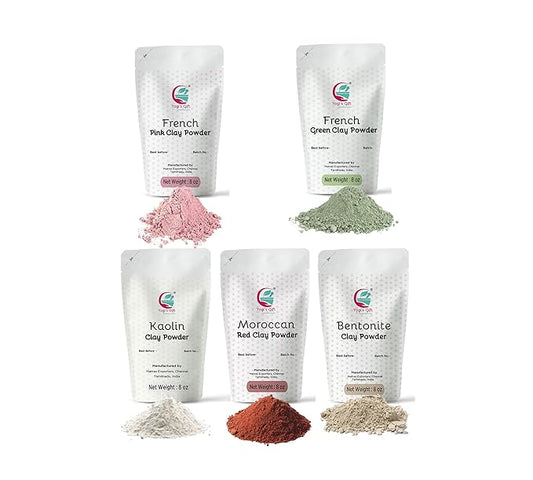 Pack of 5 Clays For Mask Making & Soap Making | Rose Clay, French Green Clay, Kaolin, Moroccan Red and Bentonite Clay | 8oz Each | Best Variety Pack For DIY Projects | By Yogi’s Gift ®