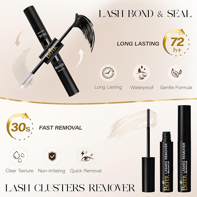 BEFER Lash Clusters Kit, 144 Pcs D Curl Eyelash Clusters Volume Individual Lashes Extensions Bond and Seal Gentle Remover 10-16MM Wispy Eyelash with Tweezers DIY At Home(Radiance, FD03 Kit)
