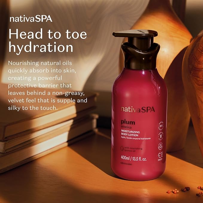 Nativa SPA by O Boticário, Plum Moisturizing Body Lotion, Fragranced Moisturizer Enriched with Purified Quinoa Drops to Boost Hydration, 13.5 Ounce