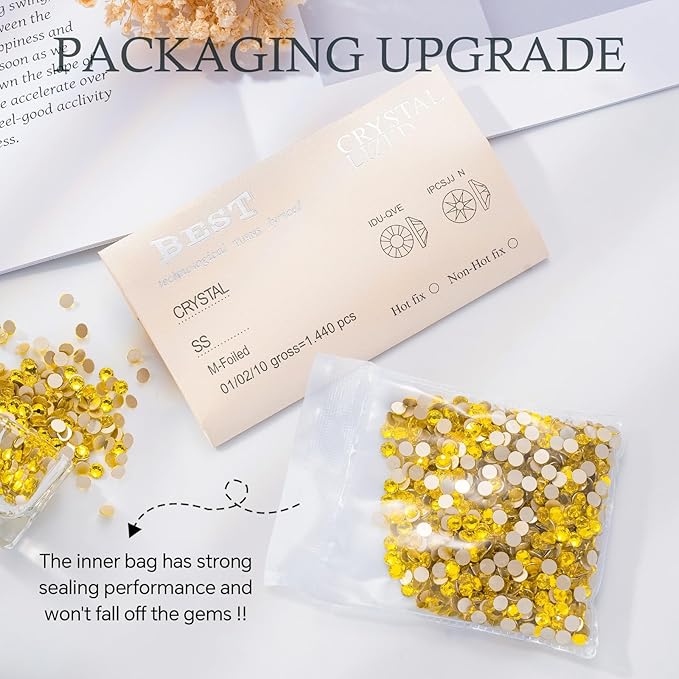 Meibite Citrine Flatback Rhinestones, Glass Rhinestones for Nail Art and Craft, Glue Fix, Loose Crystal Gemstones(Yellow, SS16, 1440pcs, 3.8-4.0mm)