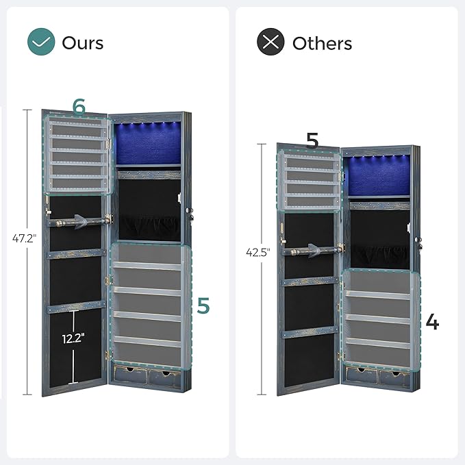 SONGMICS 6 LEDs Mirror Jewelry Cabinet, 47.2-Inch Tall Lockable Wall or Door Mounted Jewelry Armoire Organizer with Mirror, 2 Drawers, 3.9 x 14.6 x 47.2 Inches, Rustic Blue UJJC93IN