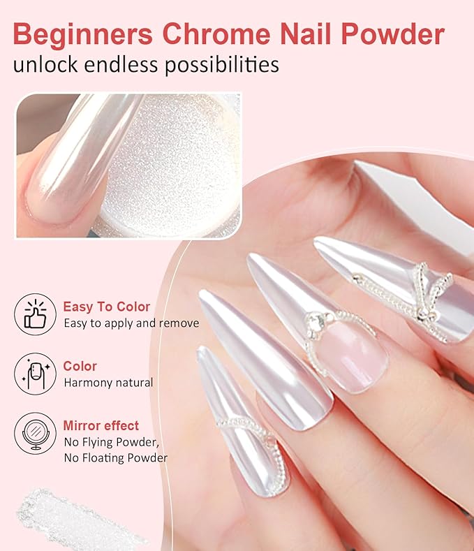 Pearl Chrome Nail Powder BISHENGYF -【Fairy Effect】Pink Chrome Nail Powder White Pearlesent Aurora Mermaid Iridescent Nail Chrome Powder, Metallic Mirror Glitter Pigment Dust For Nail Art DIY 2PCS