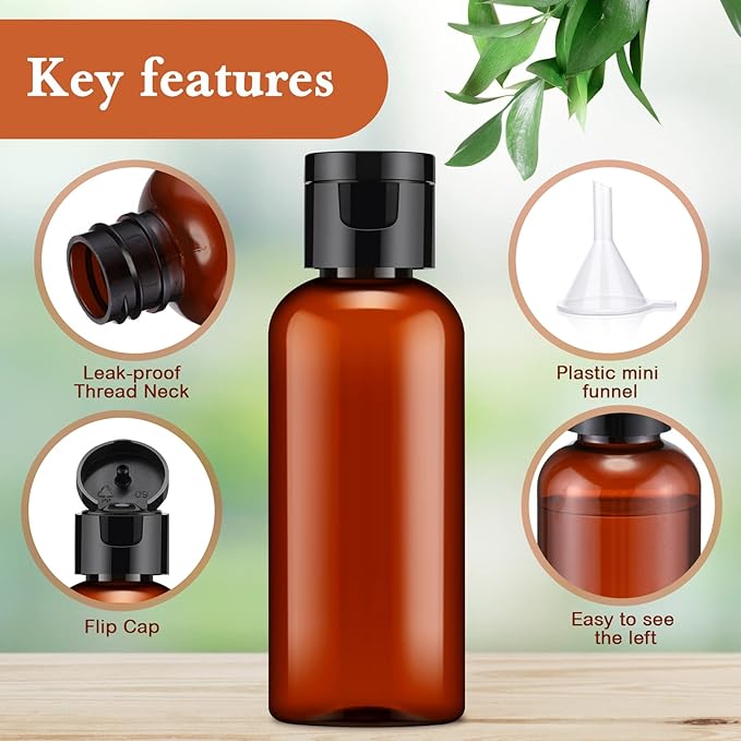 Eccliy 100 Pack 2 oz Plastic Bottles Travel Lotion Bottle Squeeze Container Plastic Bottles with Caps Small Travel Empty Refillable Toiletry Containers for Liquid Lotion Creams with 5 Funnels(Brown)