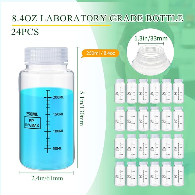 Tatuo 24 Pcs 8 oz 250 ml Polypropylene Plastic Sample Bottles with Screw Caps Sample Containers with Lid for Liquids, Reagent, Pill, Travel, Laboratory, Storage at Home (Wide Mouth-dark Scale)