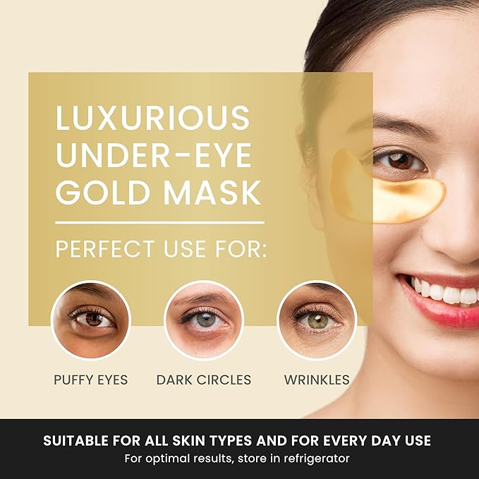 24K Gold Under Eye Patches – Eye Masks for Puffy Eyes & Dark Circles, Under Eye Treatment for Hydration & Brightening, Eye Care Skincare – 32 Pairs