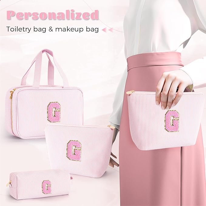 Personalized Toiletry Bag for Women - Monogram Cosmetic Bags Travel Makeup Pouch Brush Holder Birthday Gifts for Women Her Wedding Bridesmaid Friend Sister Teacher Wife - Pink G