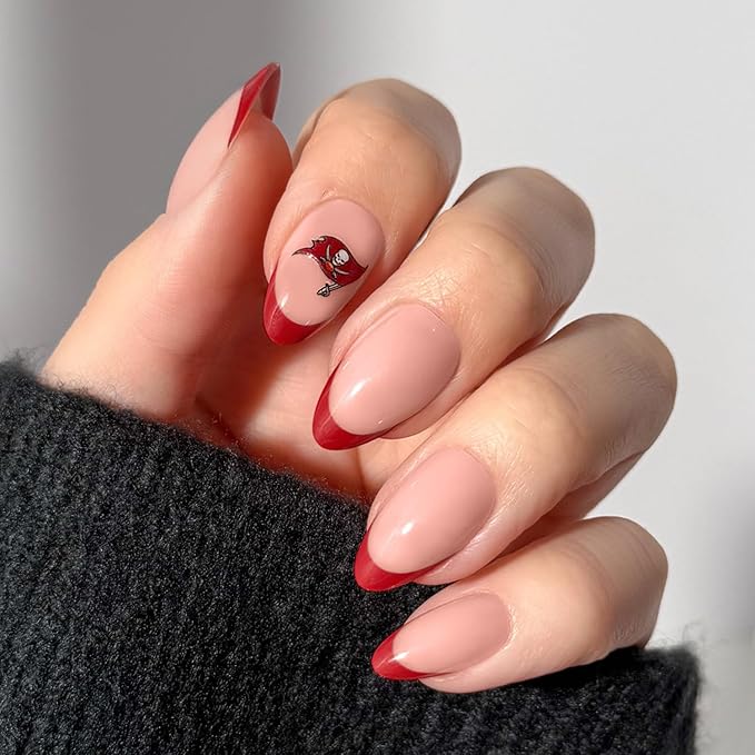 Fanatics x Glamnetic Press On Nails - Tampa Bay Buccaneers | Short Almond Fake Nails, NFL Buccaneers Red French Tips, Football Nails, Salon-Quality | 15 Sizes - 30 Nail Kit with Glue