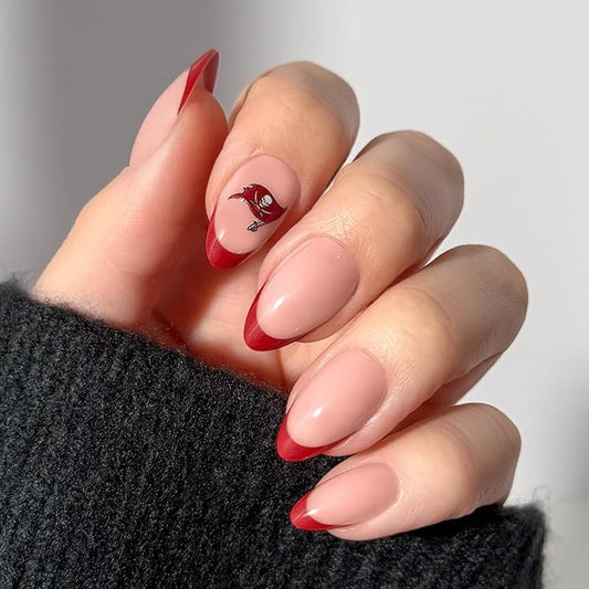 Fanatics x Glamnetic Press On Nails - Tampa Bay Buccaneers | Short Almond Fake Nails, NFL Buccaneers Red French Tips, Football Nails, Salon-Quality | 15 Sizes - 30 Nail Kit with Glue