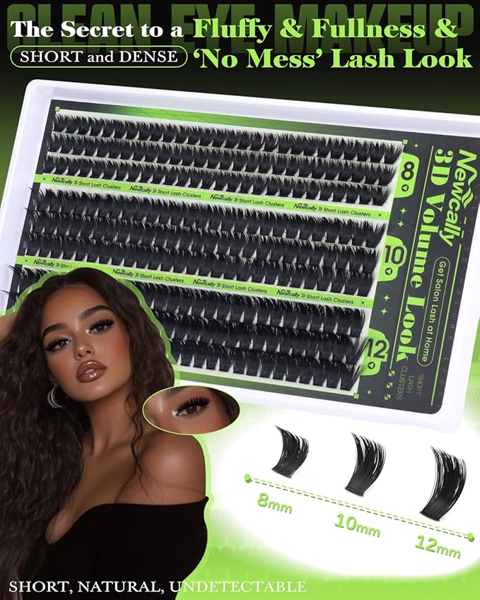 Volume Lash Clusters Kit 8-10-12MM Fluffy Eyelash Clusters Short Lash Extension Kit 243 Pcs Thick Clusters Eyelash Extensions D-Curly 3D Look Individual Lashes Kit by Newcally