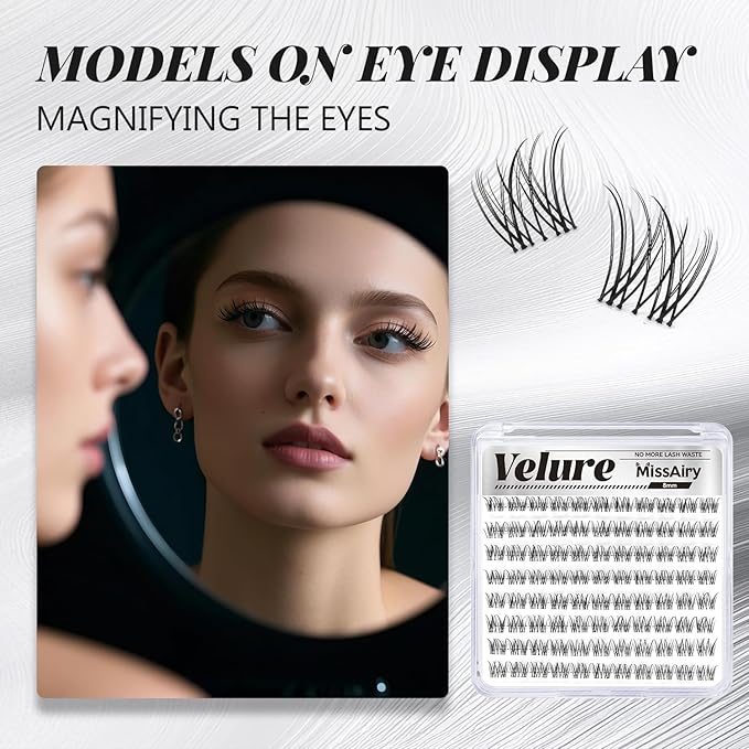 MissAiry Velure Lash Clusters LengthLock Eyelash Extensions Natural Lash Clusters Short Lash Cluster 8MM DIY Lashes Natural with Invisible Band Venus D Curly Individual EyelashesVelure 8MM)