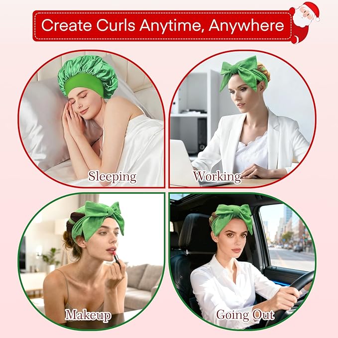 Gwabee 10 PCS Christmas Heatless Curls Overnight Hair Curler, 70" Overnight Curls Hair Curlers to Sleep In with Bonnet for Women Long Hair Volume, Heatless Curling DIY Set - Green