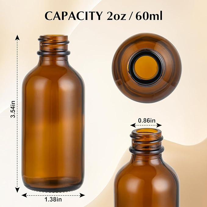 Exlvanto Small Glass Bottles with Lids Boston Round Shot Bottles for Health, Immunity, Ginger Juice, Essential Oils, Potion - Leak Proof Mini Travel Containers (Amber UV, 2oz-48Pack)
