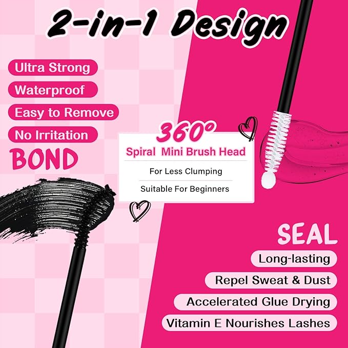 Lash Bond and Seal Cluster Lash Glue & Seal Waterproof Bond and Seal Cluster Lash Glue for DIY Eyelash Extensions Waterproof Strong Hold (5ml+5ml, Black Bond & Clear Seal)