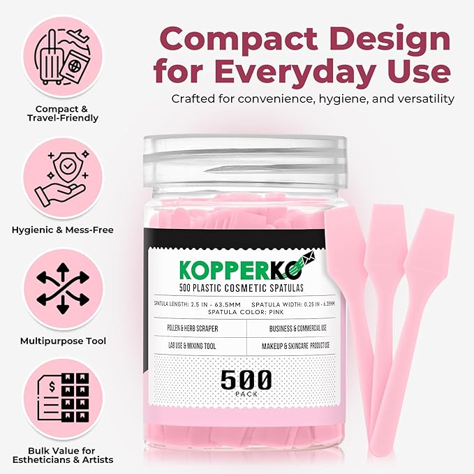 Kopperko Mini Face Cream Spatula (2.5", 500 Pack) - Small Lotion Spatula Tool for Skincare, Creams & Crafts | Skincare Applicator for Mixing, Cosmetic, Face Mask | Disposable Makeup Paddles | Pink