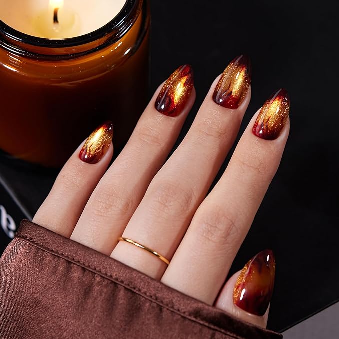 VSALON Press on Nails Short Almond - Golden Spakly Cat Eye Glitter Flame Design, Reusable Opaque Gel Magnetic Effect Fake Nails with Glue & Cuticle Oil - 32 PCS in 16 Sizes Valentines Gift for Women