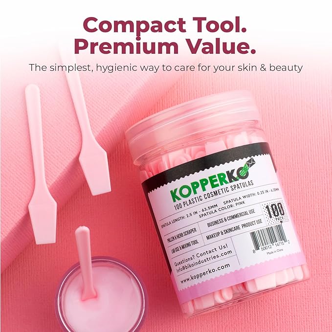 Kopperko Cosmetic Spatulas (2.5”, 100 Pack) - Small Plastic Spatula for Cosmetics, Creams & Crafts | Essential Esthetician Supplies | Makeup Spatula or Multipurpose Mini Applicator for Skincare | Pink