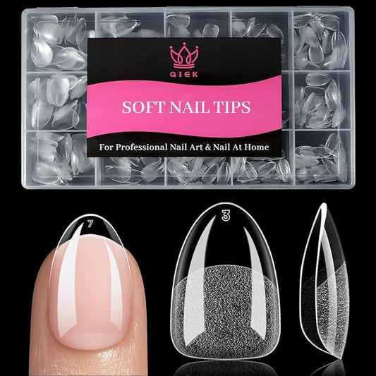 Qiek Extra Short Almond Fake Nail Tips, 15 Sizes 240 PCS Clear Half Matte Press On False Nail Tips Pre-shaped Full Cover Gel Nail Acrylic Soft Tip Extensions Thick Long Lasting for Home DIY Nail Salon