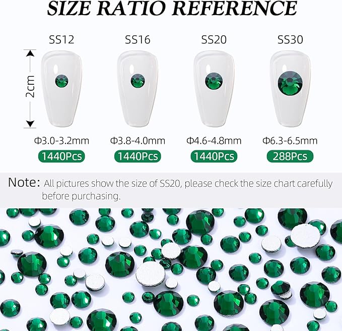 Meibite Malachite Green Flatback Rhinestones, Glass Rhinestones for Nail Art and Craft, Glue Fix, Loose Crystal Gemstones(Green, SS30, 288pcs, 6.4-6.6mm)